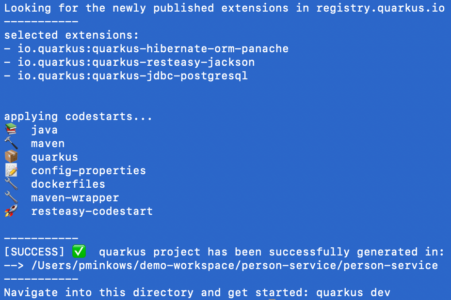 Creation of initial project with Quarkus CLI