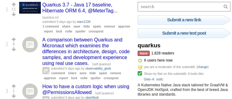 Screenshot of Quarkus subreddit page.